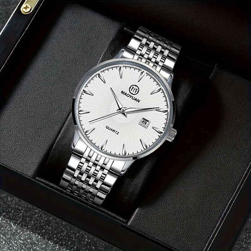 MAOYUAN Men'S Luxury Stainless Steel Quartz Watch with Date Display and Luminescent Hands - Elegant Green Dial, Metal Bracelet, Perfect for Business and Casual Attire, Ideal Gift for Men, Casual Watch | Elegant Watch | Quartz