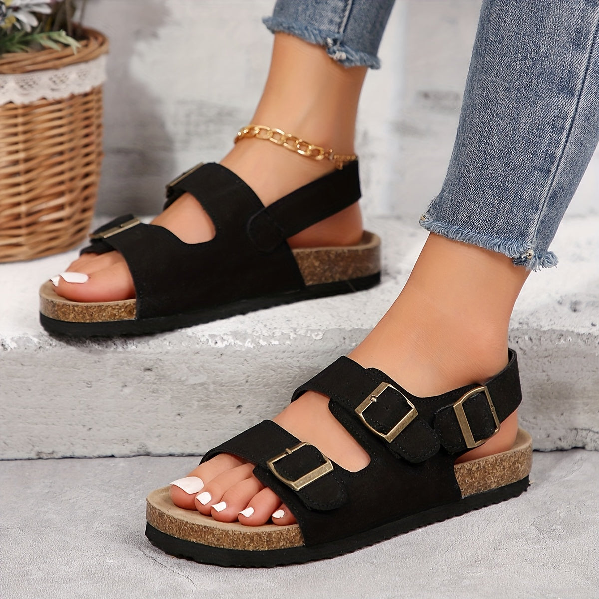 Women'S Black Flat Sandals with Buckle Closure - Comfortable, Soft Rubber Sole, Adjustable Strap Sandals for Casual Wear, Casual Footwear | Elegant Sandals | Buckle Closure Sandals
