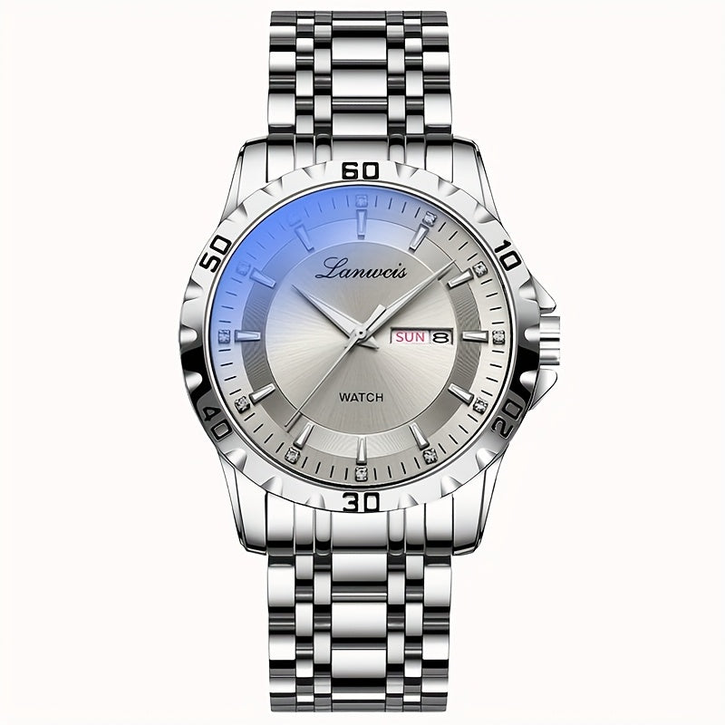 Luxury Men'S Quartz Watch - Sleek Round Dial with Dual Calendar, Luminous, Waterproof, Stainless Steel Band - Ideal Business Gift, Business Gift Watch|Minimalist Timepiece|Luminous Watch Face, Watch Accessories