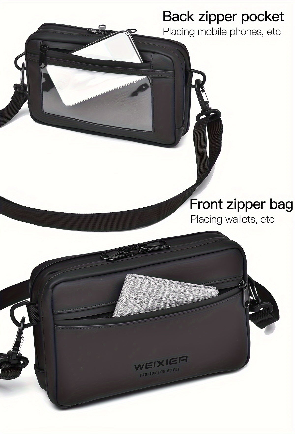 WEIXIER Men's Casual Nylon Handbag - Large Capacity with Adjustable Wrist Strap, Sleek Black for Daily Use, Valentine's Day Gift for Him, Outdoor Bag | Casual Style | Nylon Material