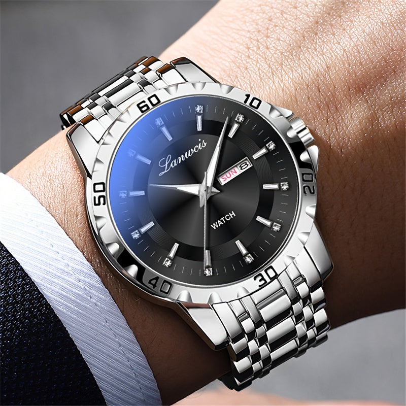 Luxury Men'S Quartz Watch - Sleek Round Dial with Dual Calendar, Luminous, Waterproof, Stainless Steel Band - Ideal Business Gift, Business Gift Watch|Minimalist Timepiece|Luminous Watch Face, Watch Accessories