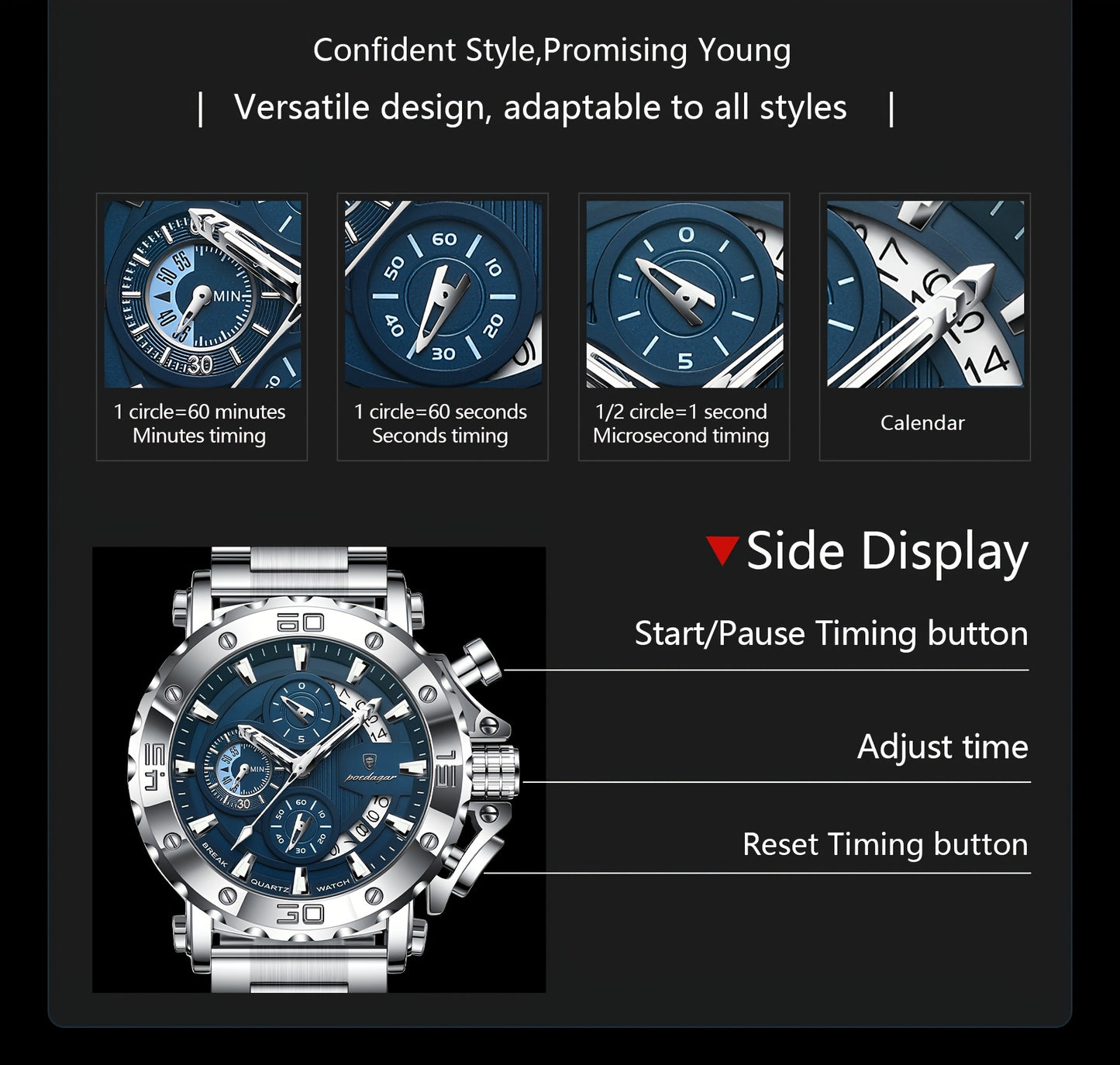 POEDAGAR Men'S Luxury Stainless Steel Business Watch with Date Display, 3ATM Blue Dial, Rotating Bezel, Alloy Case, Quartz Movement - Elegant Formal Accessory, Formal Accessory|Luxurious Watch|Quartz Movement Watch