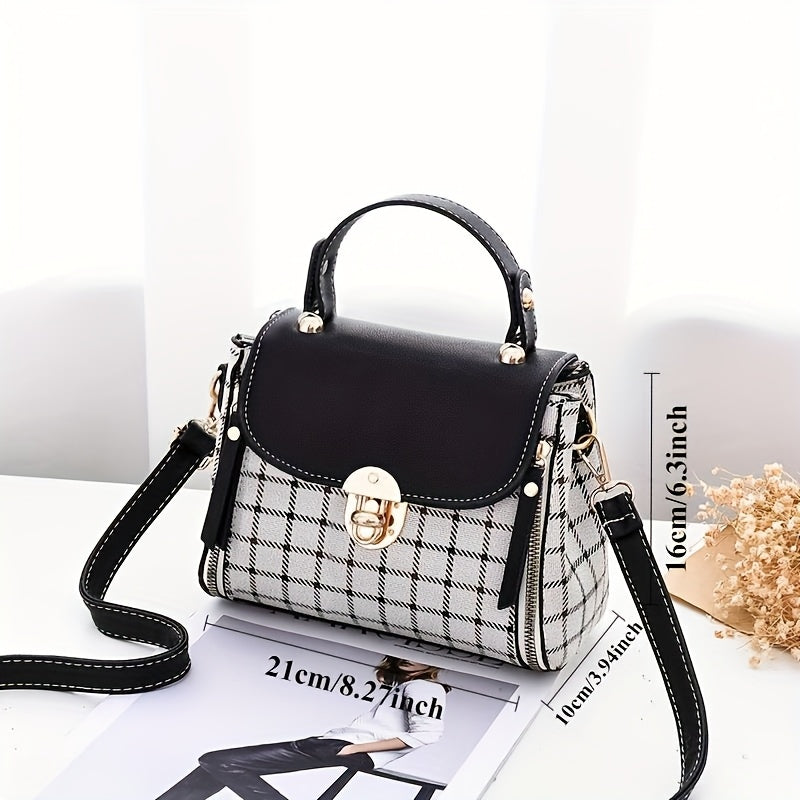 Women'S Vintage Plaid Crossbody Bag with Detachable Shoulder Strap, Zipper Closure, Polyester Lining & Edge Paint - Pink & Black Checkered Design, Perfect for Teens & Women, Ideal Gift for Birthdays, Anniversaries, Valentine'
