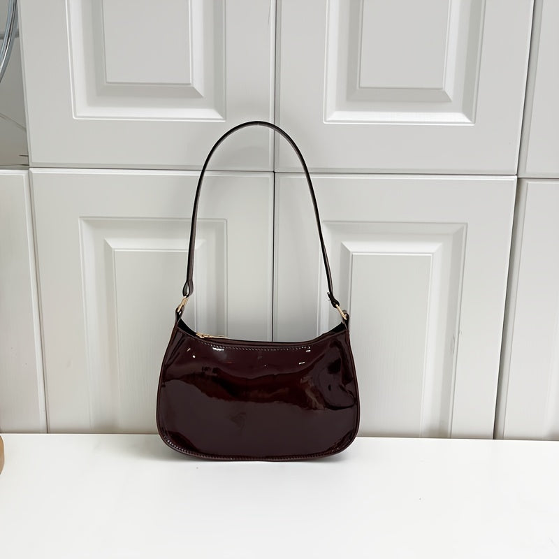 Trendy Glossy Shoulder Bag, Women Patent PU Leather Handbag, Simple Solid Color Underarm Purse