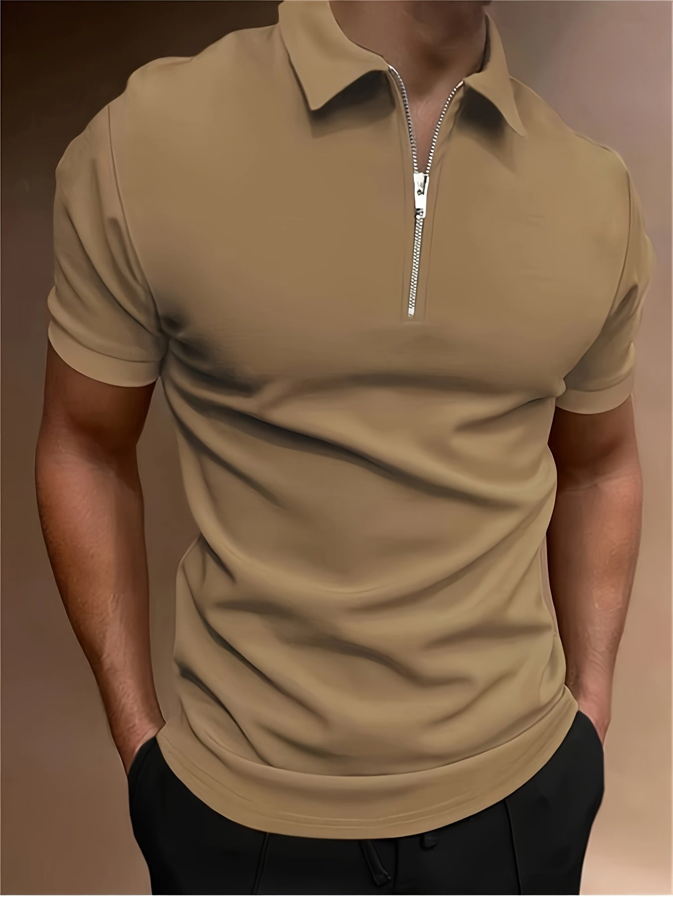 Casual Stretch Men's Solid Color Zipper Lapel Golf Shirt, Male Summer Streetwear