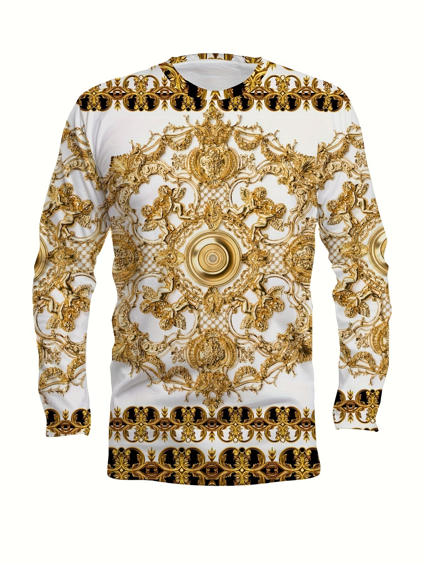 Luxury Golden Baroque Print Long Sleeve T-Shirt and Pants Set, Casual Spring/Fall Polyester Fiber, Full Print, Round Neck, Regular Fit