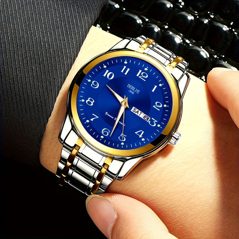 DEBLVE Men'S Fashionable Stainless Steel Watch with Luminous Numbers, Calendar & Week Display - Quartz Movement, Business Style, Ideal for Travel & Daily Use