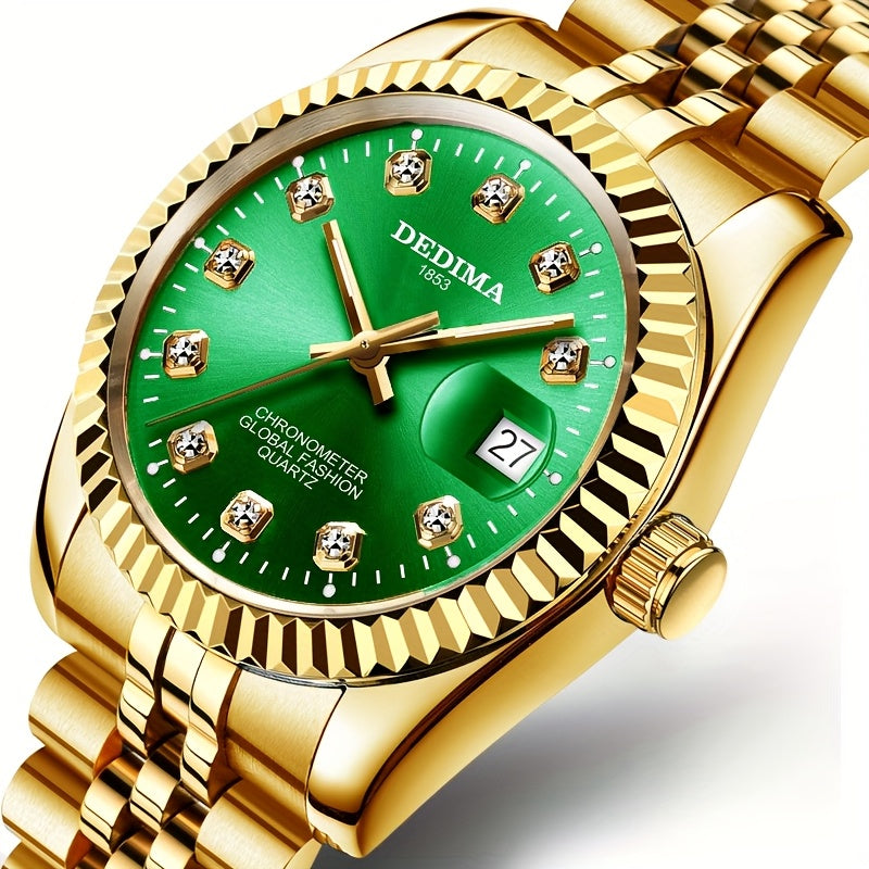 DEDIMA Elegant Stainless Steel Band Calendar Watch, Quartz Movement, Round Dial with Rhinestones, Battery-Powered, Non-Rechargeable Button Battery, Regular Cleaning, for Men, Women, Students, Christmas, Valentine'S Day, Thank