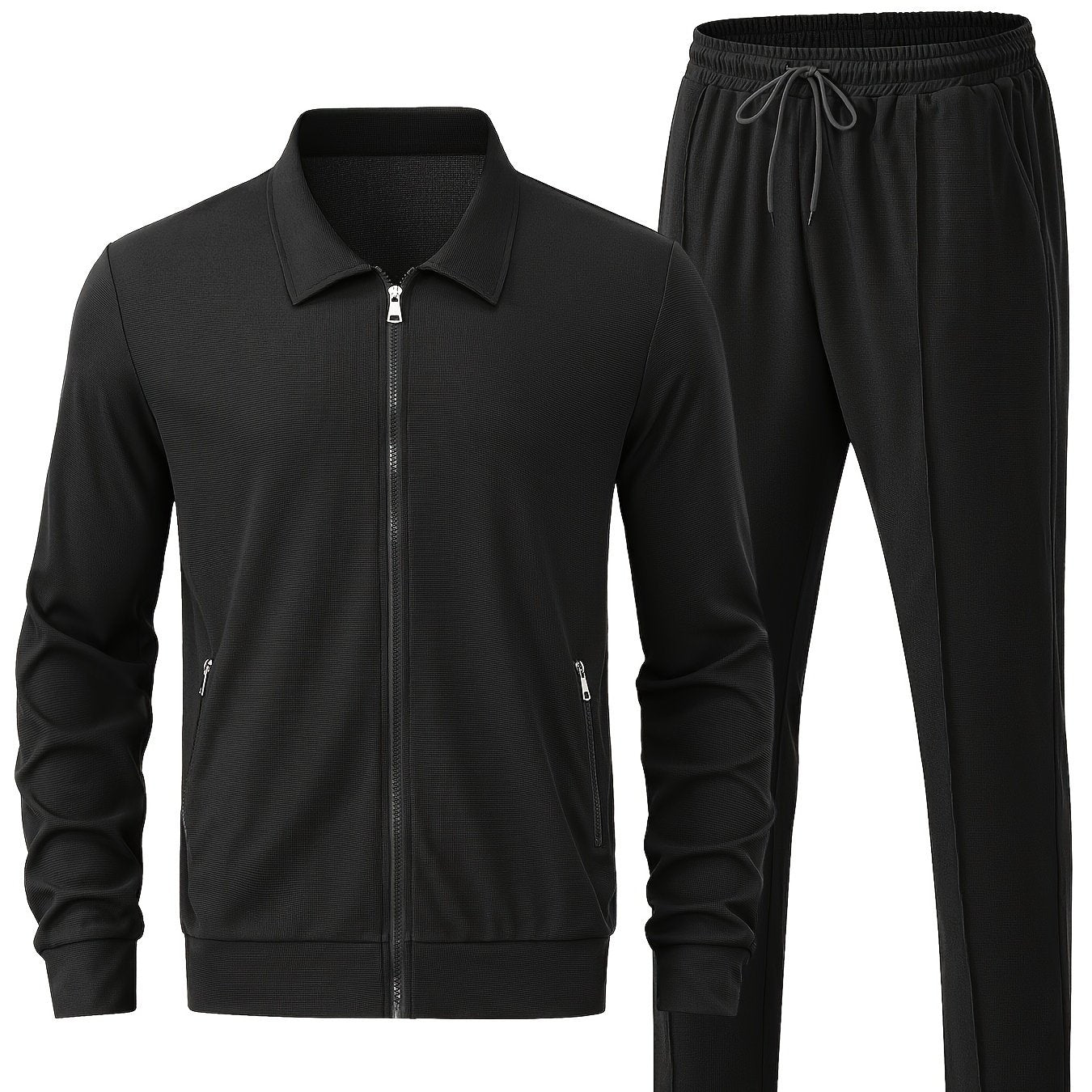 Men's Solid Waffle 2pcs Athletic Outfits, Zip-up Jacket & Pants co ord set for Outdoor Sports