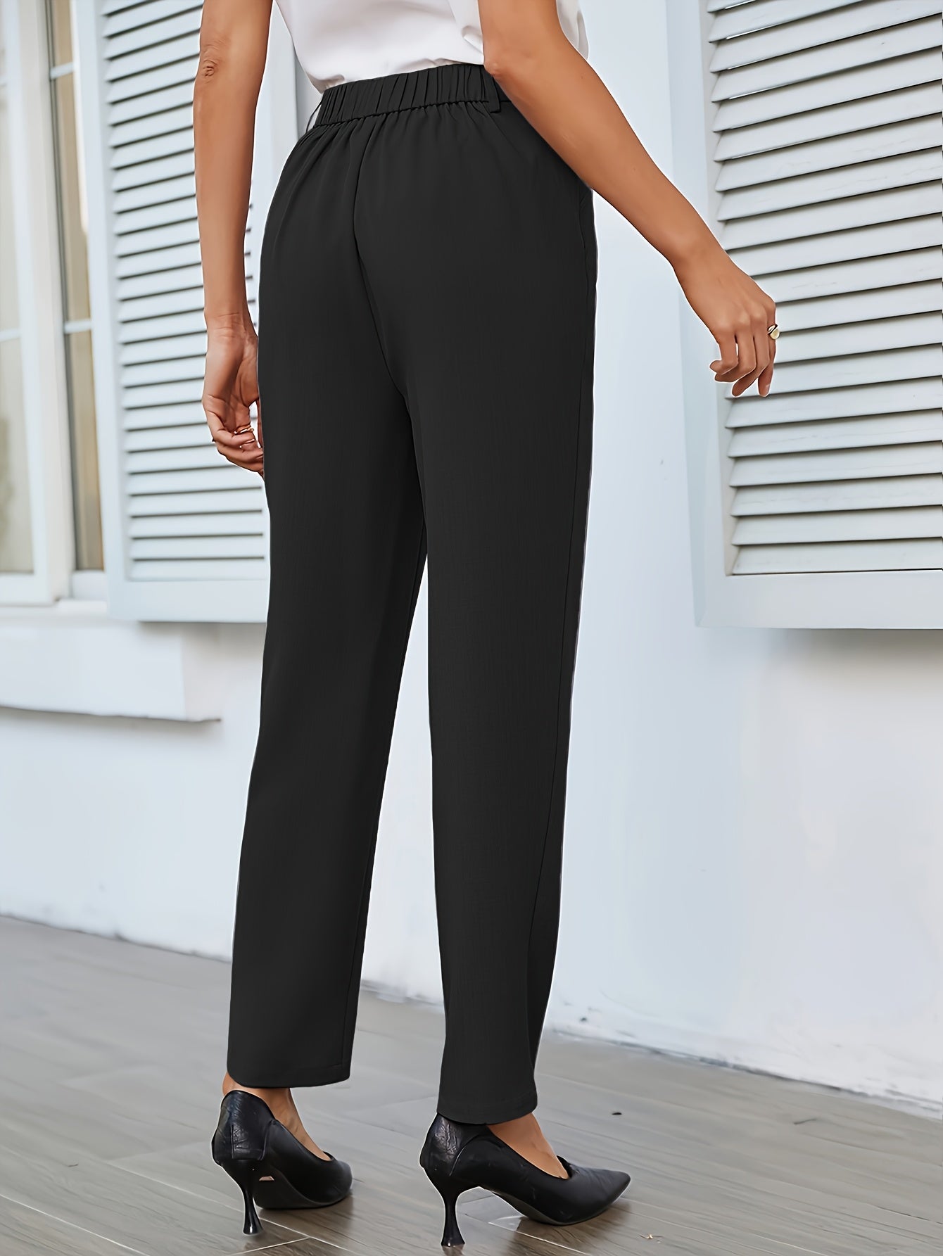 Solid Straight Leg Pants, Elegant Button Elastic Waist Slim Straight Leg Suit Pants For Spring & Summer, Women's Clothing