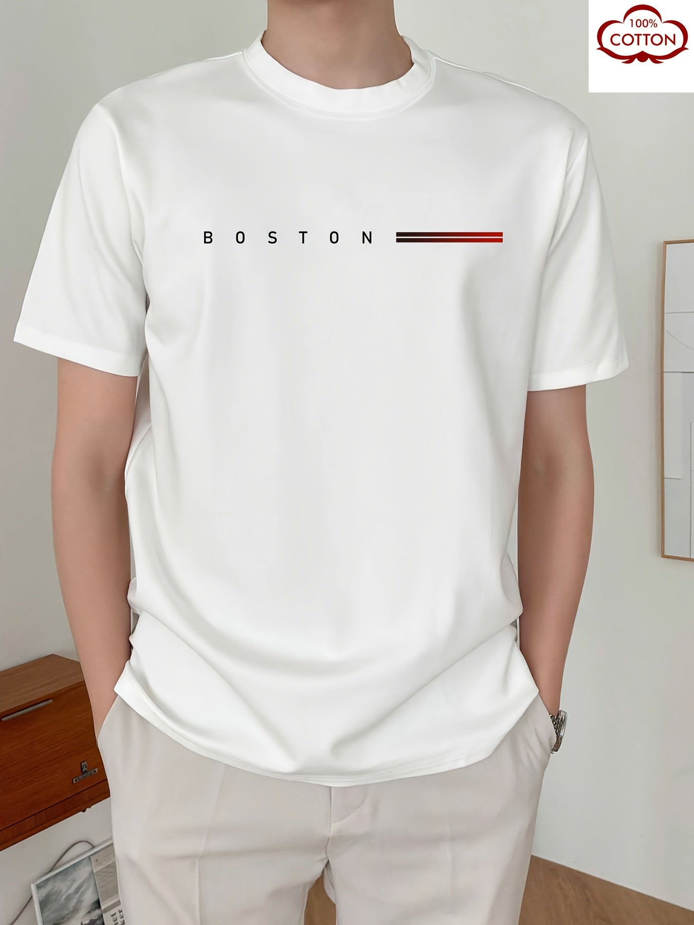 Men's Heavyweight 180gsm Cotton T-Shirt - Dark Gray Crew Neck Tee with Bold "Boston" Print, All-Season Everyday & Formal Shirt for Men - Machine Washable Luxury Casual Top, Versatile Clothing, Modern Design, Premium Fabric, S