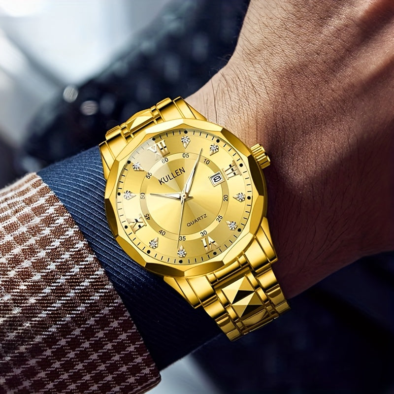 Men's Stylish Business Quartz Watch with Stainless Steel Strap & Alloy Case, Round Blue Dial with Golden Accents – Elegant Analog Display for Formal Occasions, Valentine's Day, Thanksgiving, and Ramadan Gifts