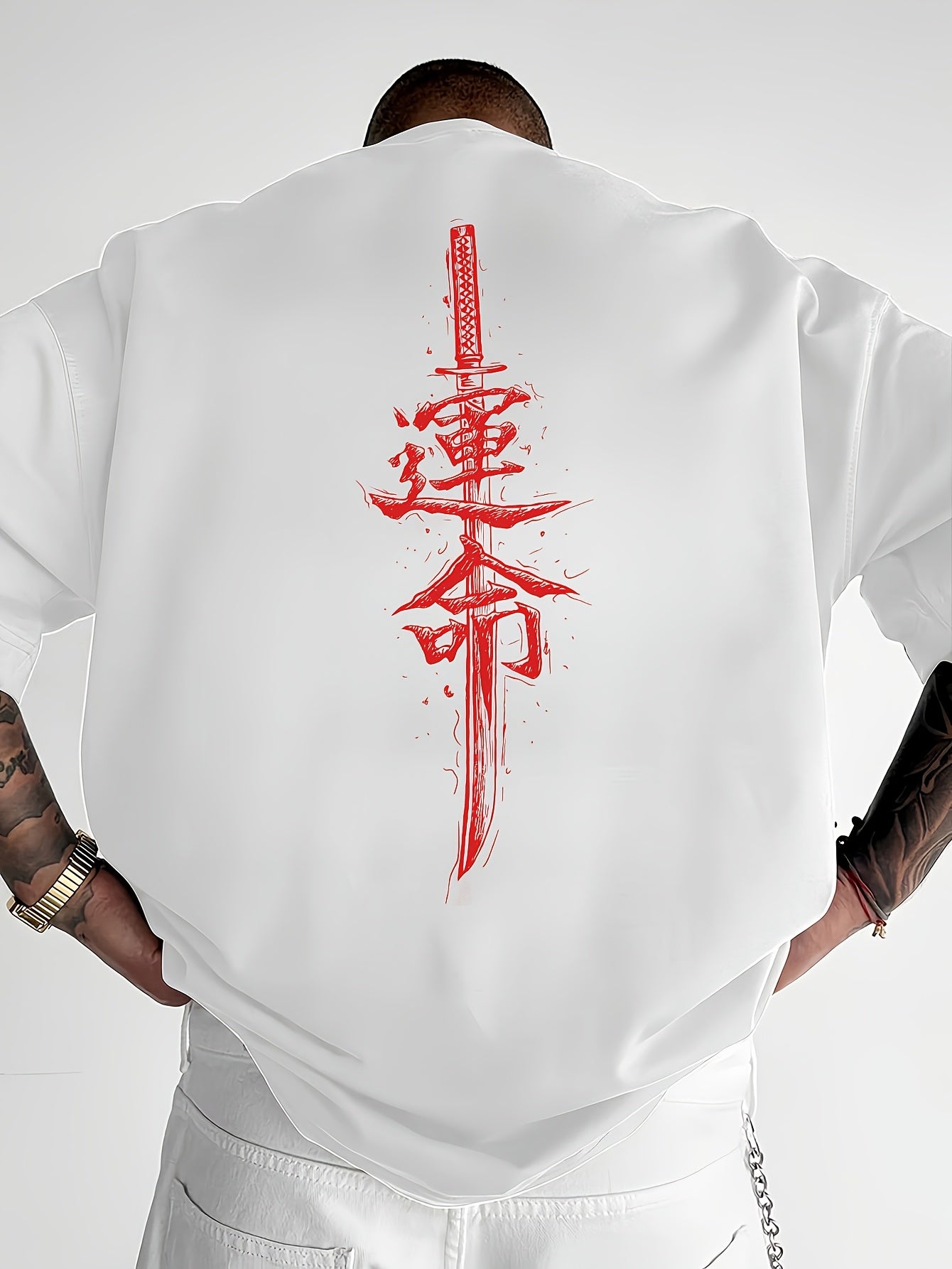 Men'S Japanese Samurai Sword Graphic T-Shirt - Casual Loose Fit Crew Neck, Short Sleeve Tee with Red Stylized Japanese Katanas Design, Breathable Polyester for Spring & Summer Outdoor Wear