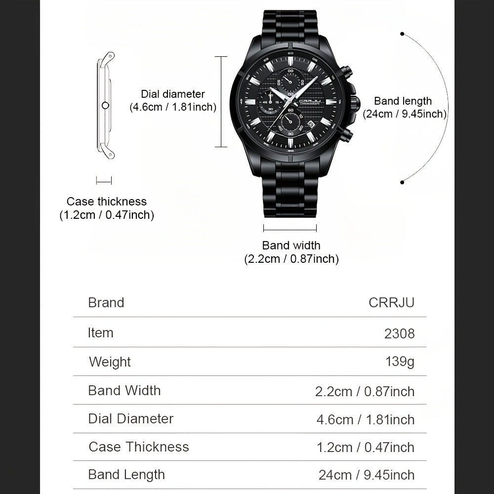 CRRJU Men's Watch Fashion Luxury Multifunctional Stainless Steel Quartz Watch