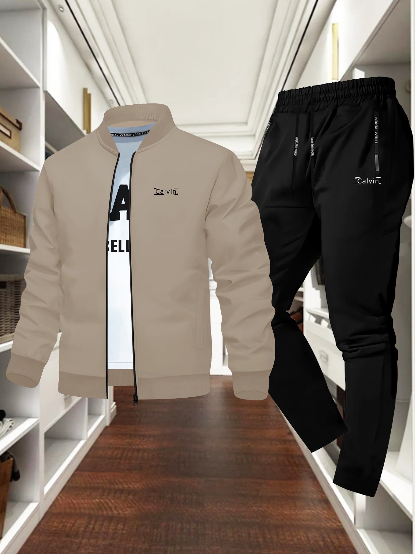 Men's New Calm and Stylish "" Print Jacket Shirt Set, Autumn-Winter Classic Trendy Versatile Two-Piece Outfit