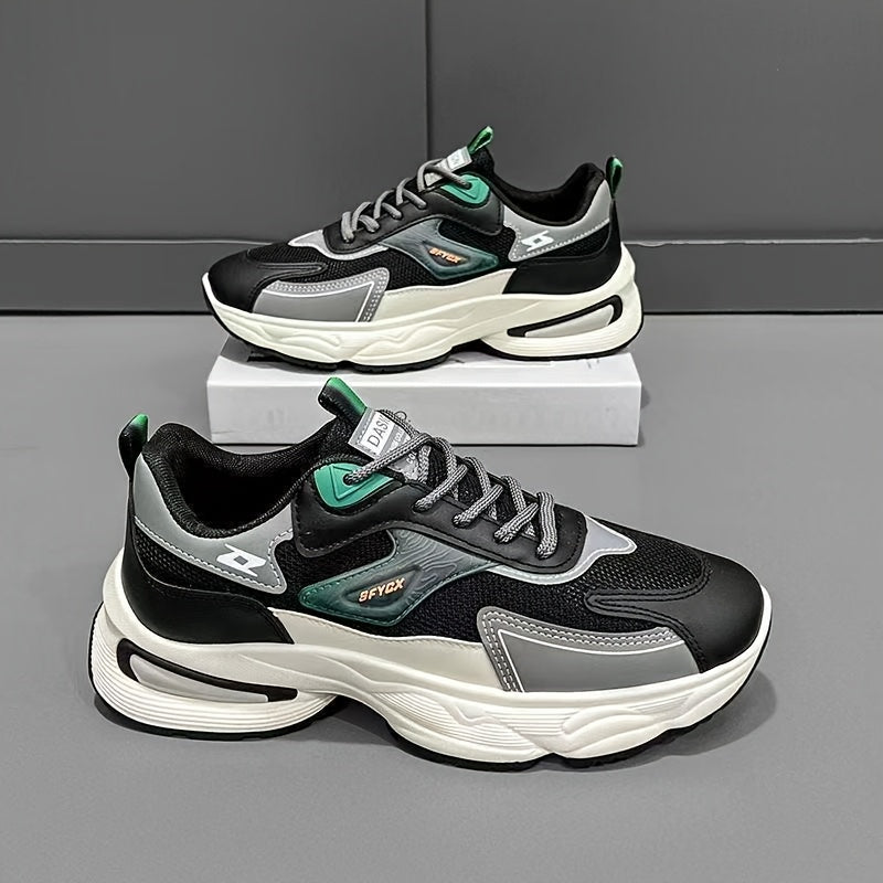 Men'S Casual Sports Shoes - Thick-Soled Lace-Up Sneakers with Synthetic Upper, Cushioned EVA Insole & PVC Sole for Outdoor Hiking, Running, Gym - All-Season Comfort in Beige/Black, Brown/White, Green/White, Versatile Trainers