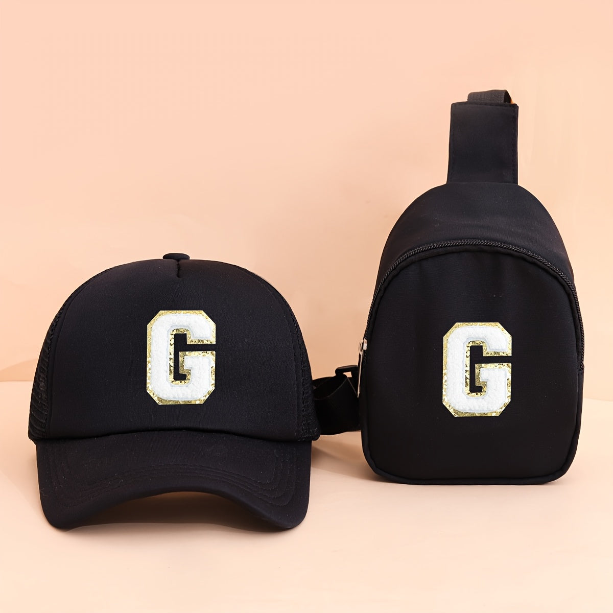 2pcs Kids' Printed Alphabet Pattern Set, Includes 1 Black Stylish Breathable Trucker Hat and 1 Black Crossbody Bag, Lightweight Sun Hat with Small Coin Purse, Suitable for Boys and Girls Aged 5-10 for Daily Outings and Back-t