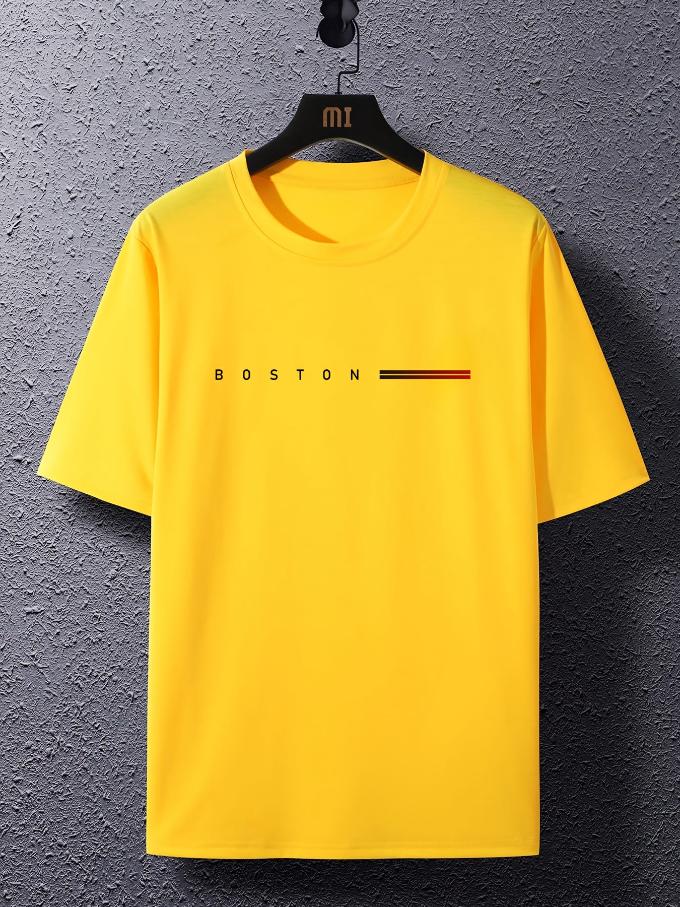 Men's Heavyweight 180gsm Cotton T-Shirt - Dark Gray Crew Neck Tee with Bold "Boston" Print, All-Season Everyday & Formal Shirt for Men - Machine Washable Luxury Casual Top, Versatile Clothing, Modern Design, Premium Fabric, S