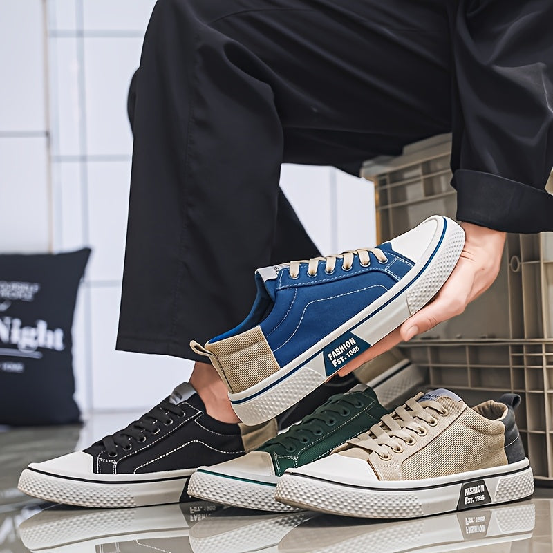 Men's Breathable Canvas Sneakers - Low-Top Lace-Up Skate Shoes, Fashionable Casual & Sporty Design with Green & Beige Color Block, Non-Slip PVC Sole for Casual Attire, Outdoor Sneakers | Laceup Closure | Stylish Lowtops
