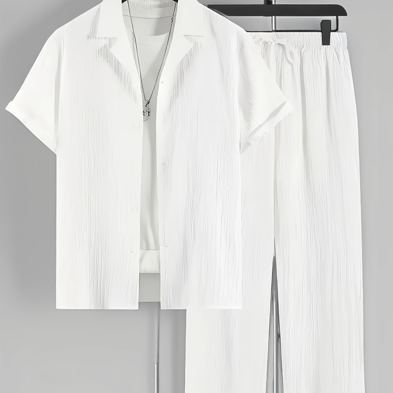 2pcs Men'S Casual Summer Set - Short Sleeve Button-Up Cuban Collar Shirt and Drawstring Waist Pants, Polyester Blend, Solid Color, Regular Fit, Breathable Fabric, Lightweight for Daily Wear