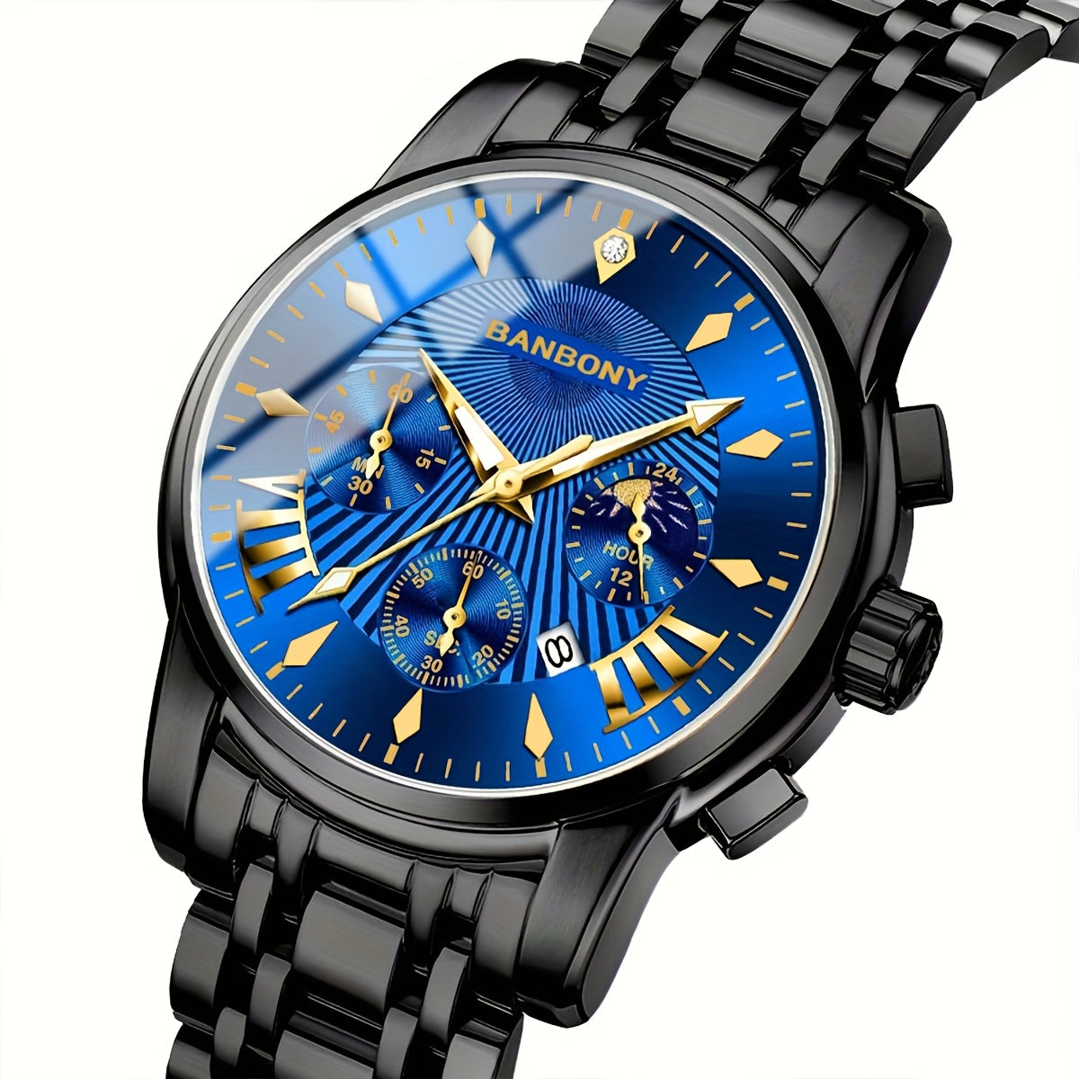 BANBONY Automatic Quartz Watch for Men & Women - Stainless Steel Strap, Blue & Golden HD Large Dial, IPX7 Waterproof, Rhinestone Accents, Date Calendar, Luminous Hands - Casual Fashion Unisex Watch for Birthday Holiday Gifts,
