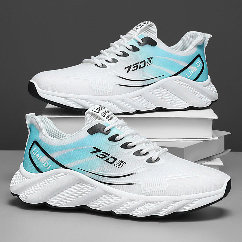 Men's Lightweight Sneakers - Non-Slip PVC Sole, Cushioned EVA Insole - White/Blue Accent Low-Top Sneakers for Gym, Running, Everyday - All-Season Lace-Up Athletic Footwear - Model HX-3, Sports Activities, Sporty Design, Secur
