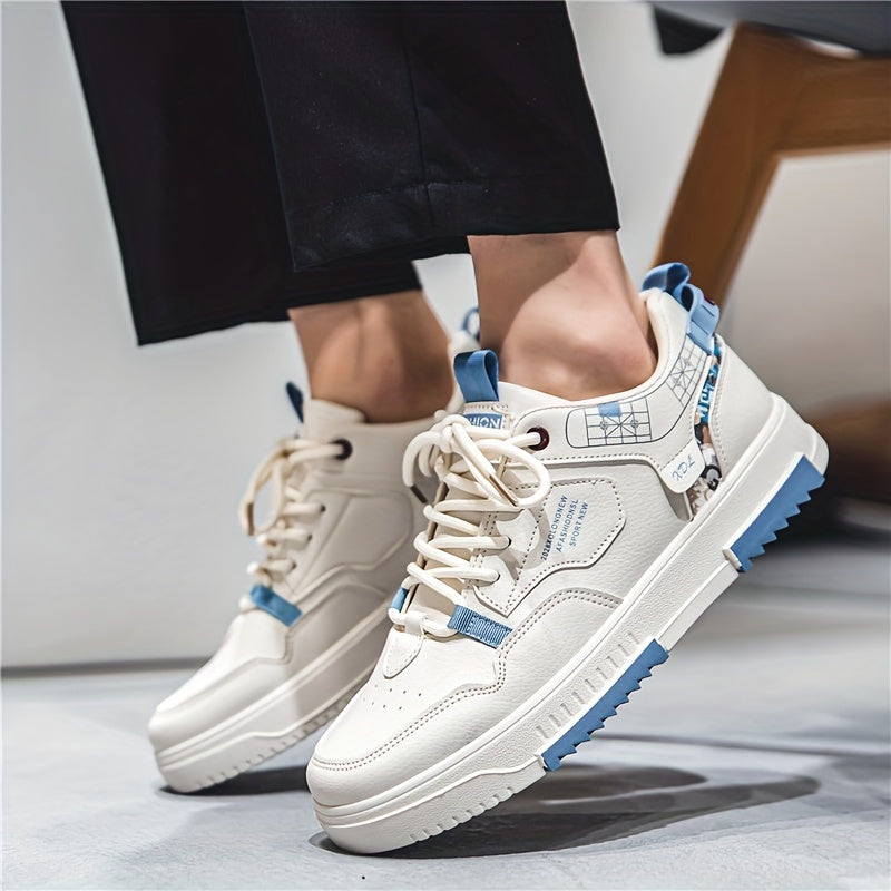 Men's Skate Shoes with Good Grip & Breathable Design - PU Upper, Cushioned PVC Sole, Black/Blue Letter Pattern Lace-Up Sneakers for All-Season Casual & Sports Wear, Allseason Shoes | Modern Casual Shoes | Comfortable Wear