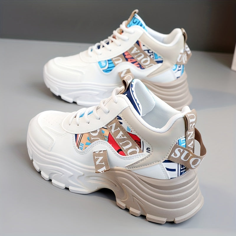 Women's Letter Design Chunky Sneakers, Fashion Lace Up Outdoor Shoes, Comfortable Low Top Sport Shoes