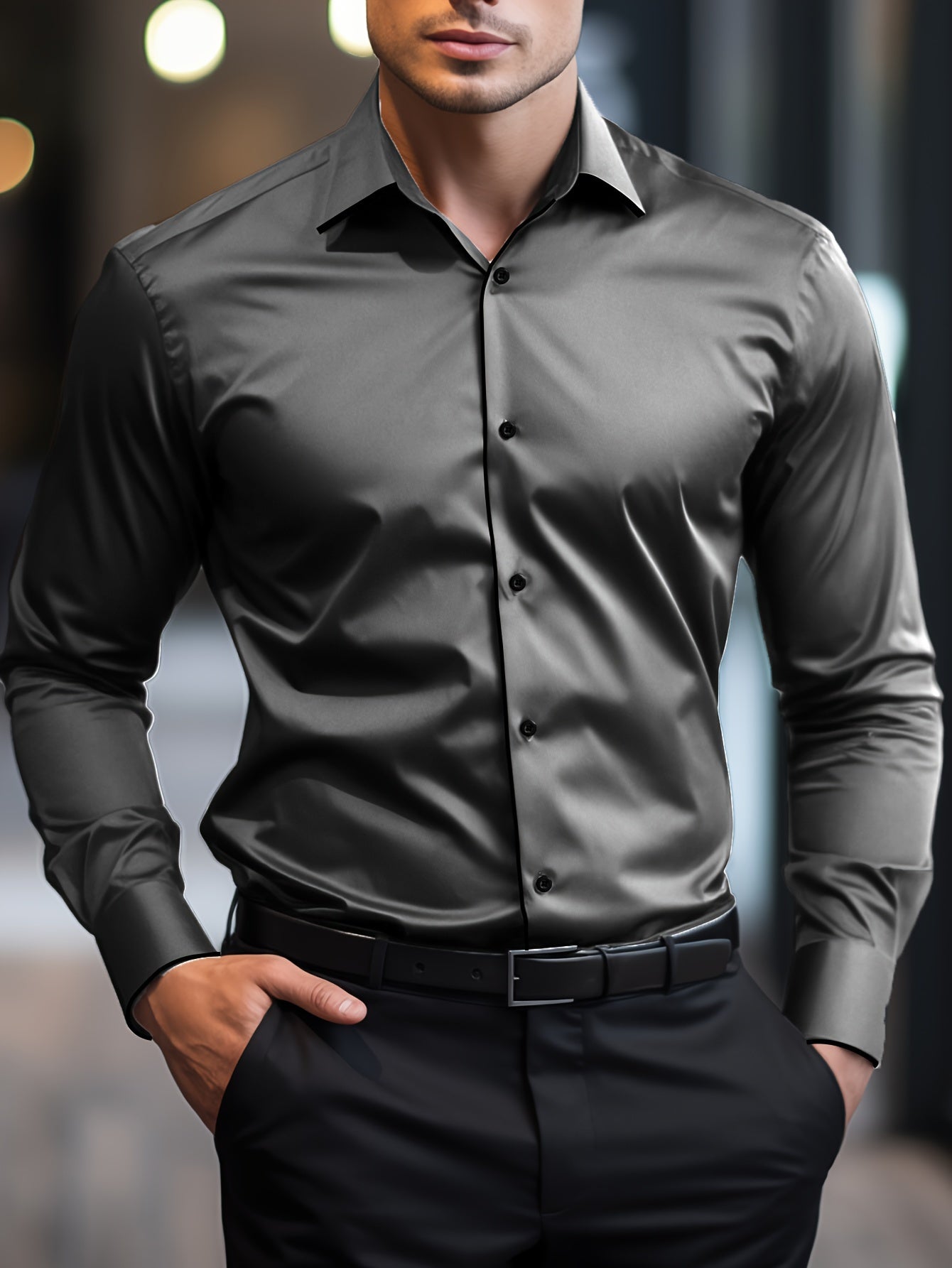 Elegant Men's Solid Color Long Sleeve Dress Shirt with Stylish Contrast Trim - 100% Polyester, Button-Up, Machine Washable - Ideal for Formal & Semi-Formal Occasions