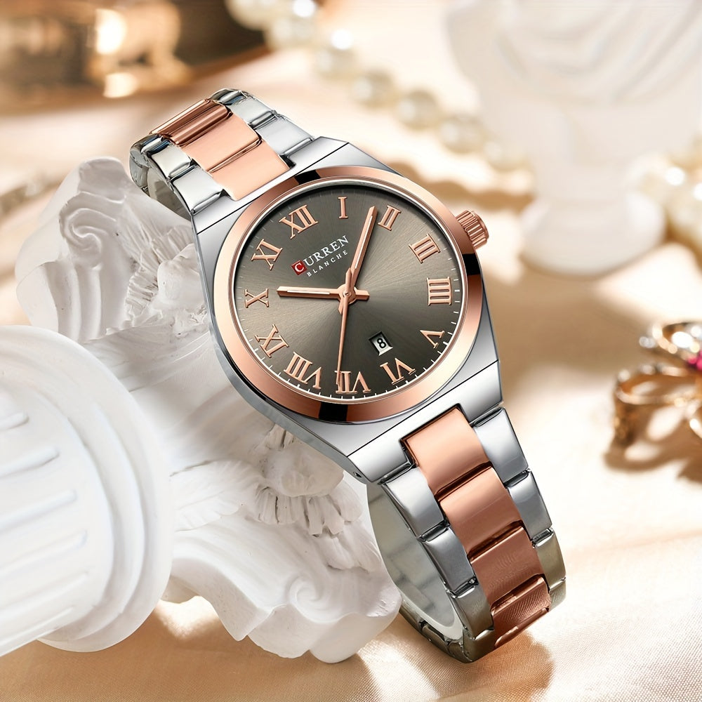 Fashionable Brand Of CURREN Ladies' Watches With A Casual And Simple Stainless Steel Strap, Featuring A Calendar And Quartz Movement.