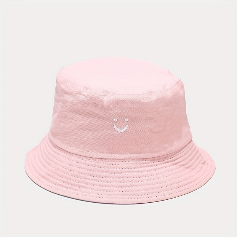 Unisex Black & White Fisherman Hat with joyful Face Embroidery - Double-Sided, Sporty Polyester Bucket Hat for Men and Women, Ideal for Outdoor Activities, Outdoor Hat | joyful Face Embroidery | Durable Headgear