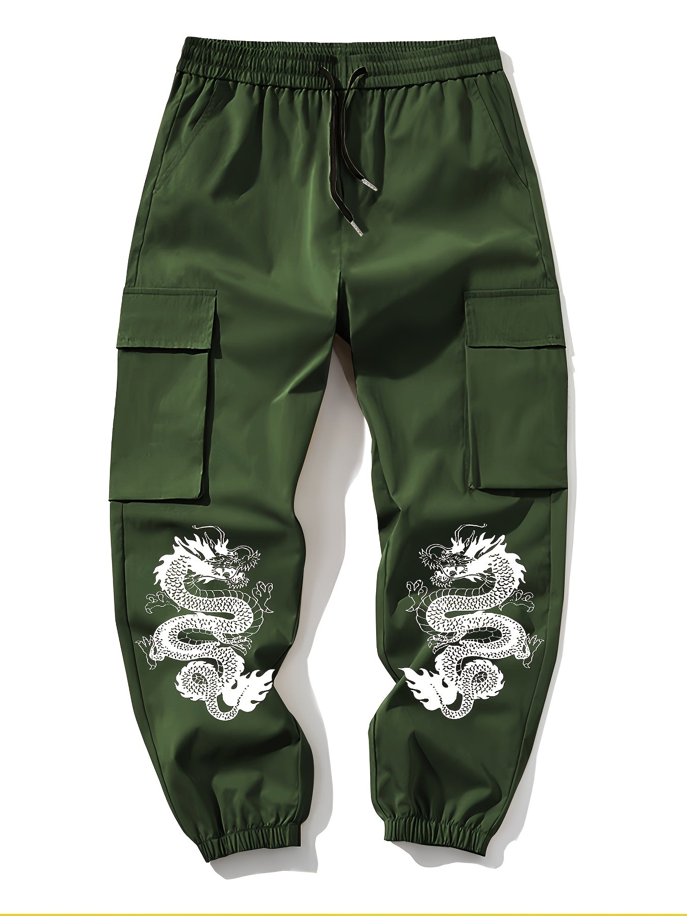 2pcs set Men's casual large pocket overalls elastic waist drawstring printed flower pants for spring and autumn season, for Autumn, Spring