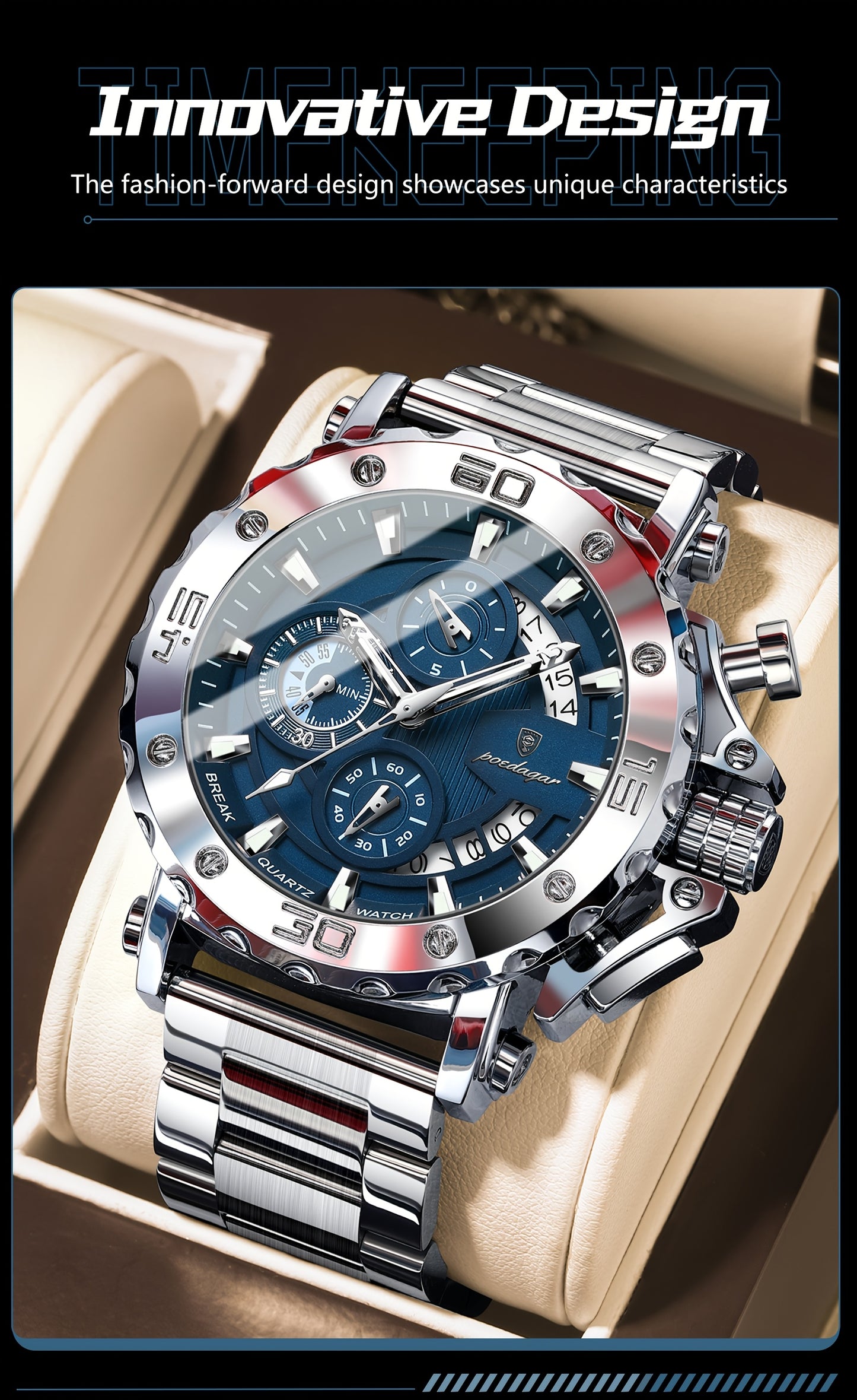 POEDAGAR Men'S Luxury Stainless Steel Business Watch with Date Display, 3ATM Blue Dial, Rotating Bezel, Alloy Case, Quartz Movement - Elegant Formal Accessory, Formal Accessory|Luxurious Watch|Quartz Movement Watch