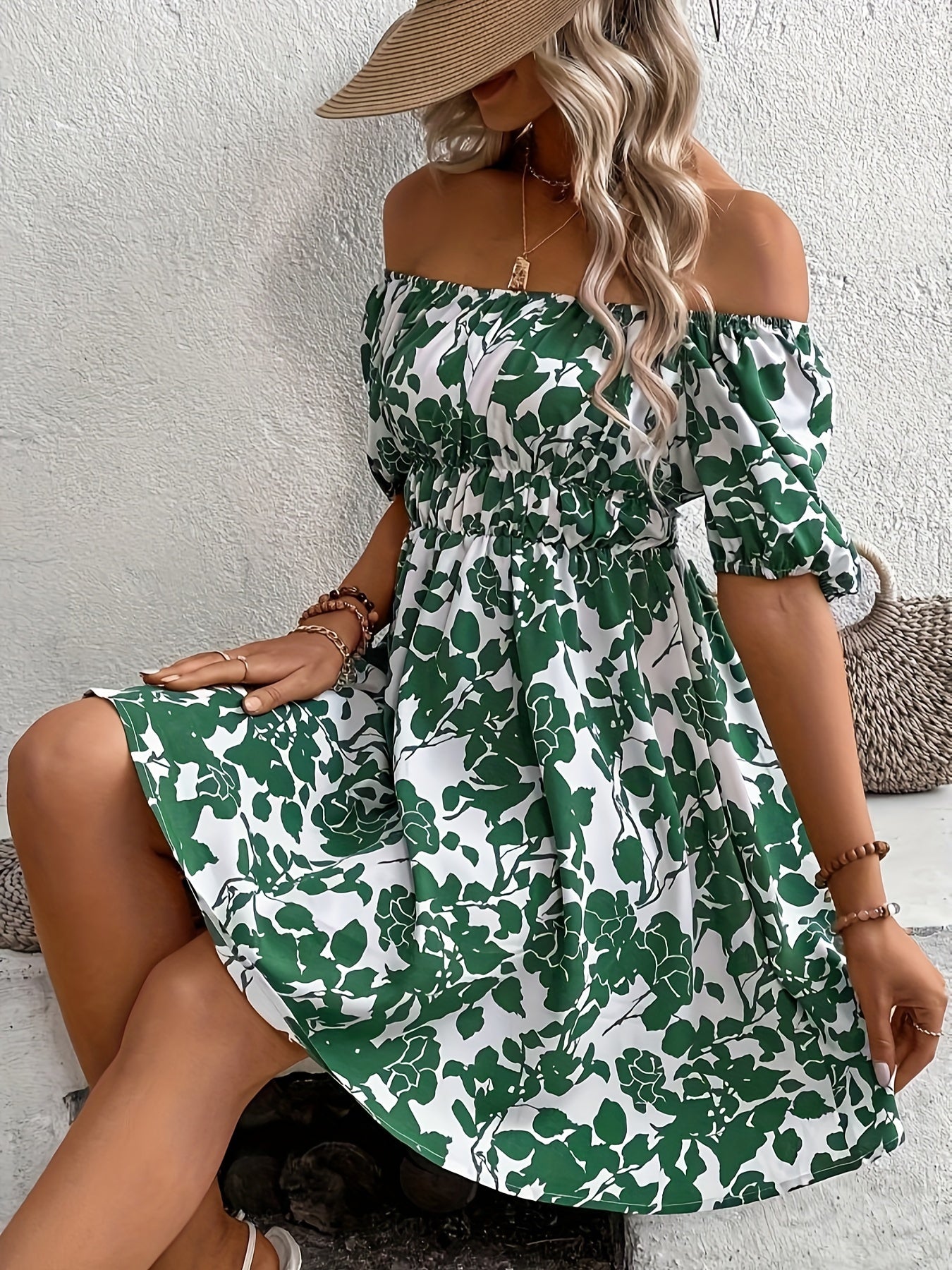Leaves Print Off Shoulder Aline Dress, Vacation Style Short Sleeve Swing Dress For Spring & Summer, Women's Clothing