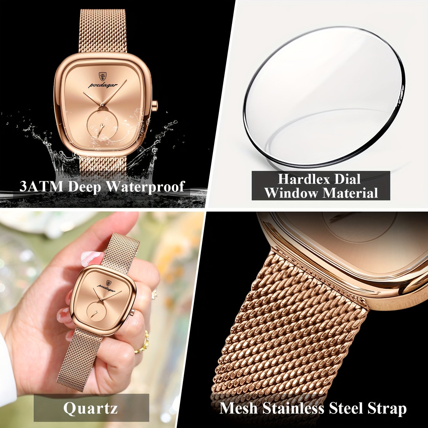 POEDAGAR Elegant Women's Quartz Watch - Waterproof, Stainless Steel Mesh Band, Rose Golden Square Dial, Black Strap, Perfect for Parties & Casual Attire, Stylish Timepiece | Elegant Design | Mesh Strap Watch, Watch Accessorie