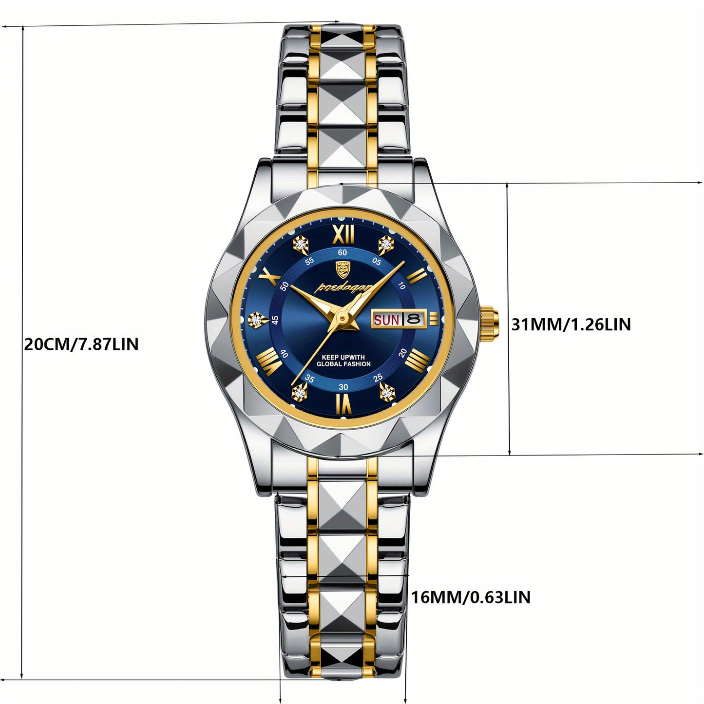 POEDAGAR Women's Elegant Stainless Steel Quartz Watch with Luminous Blue Dial, Roman Numerals, Date Calendar, IPX7 High Quality & -Accented Band for Casual & Formal Wear