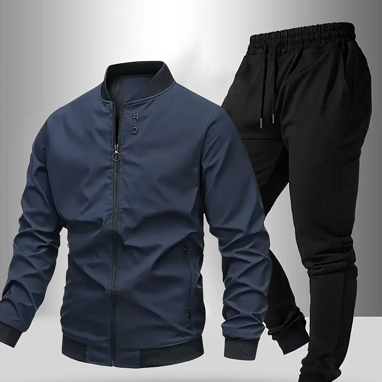 Men'S Casual Two-Piece Athletic Set - Black Baseball Collar Jacket with Zipper, Elastic Waistband Pants, Regular Fit for Spring/Fall, Spring Outerwear | Sporty Casualwear | Zippered Jacket