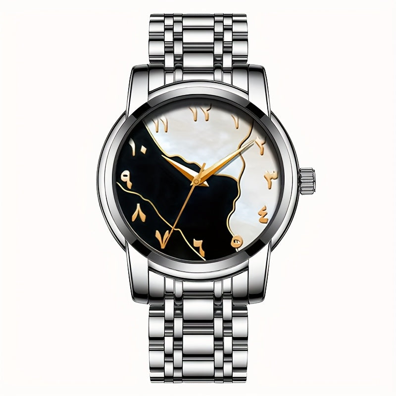 Men's Casual Arabic Numerals Quartz Watch - Scratch-Resistant HD Dial, IPX7 Waterproof, Stainless Steel Strap, Black & Golden Accents - Perfect Gift for Birthdays, Holidays & Family Reunions, Reliable Timepiece, Contemporary