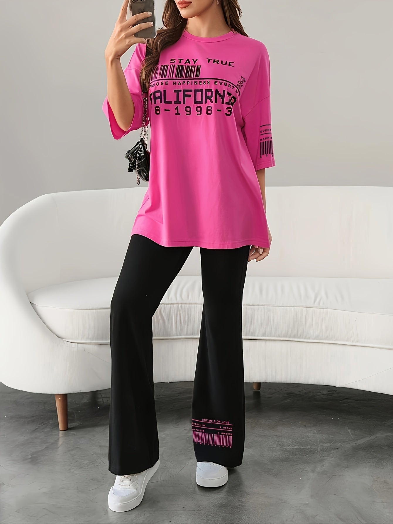 Women's Fashion Letter Print Round Neck Top and Pants Set