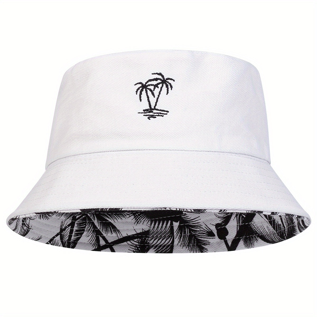 1pc Unisex Bucket Hat - Double-Sided Coconut Tree, Lightweight Fisherman Cap with Wide Brim, Elastic Fit for Beach, Travel, Everyday - Men & Women (Black/White/), Beach Hat, Travel Headwear, Detail