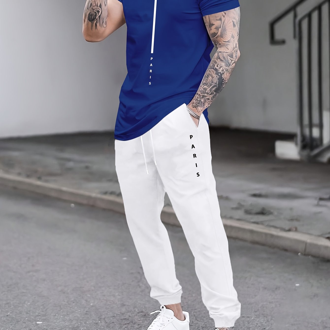 1set Men'S Casual Sportswear Set, Geometric Pattern Short Sleeve T-Shirt and Drawstring Joggers, Knitted Polyester and Elastane Blend, Round Neck, Regular Fit, Four Seasons Outfit