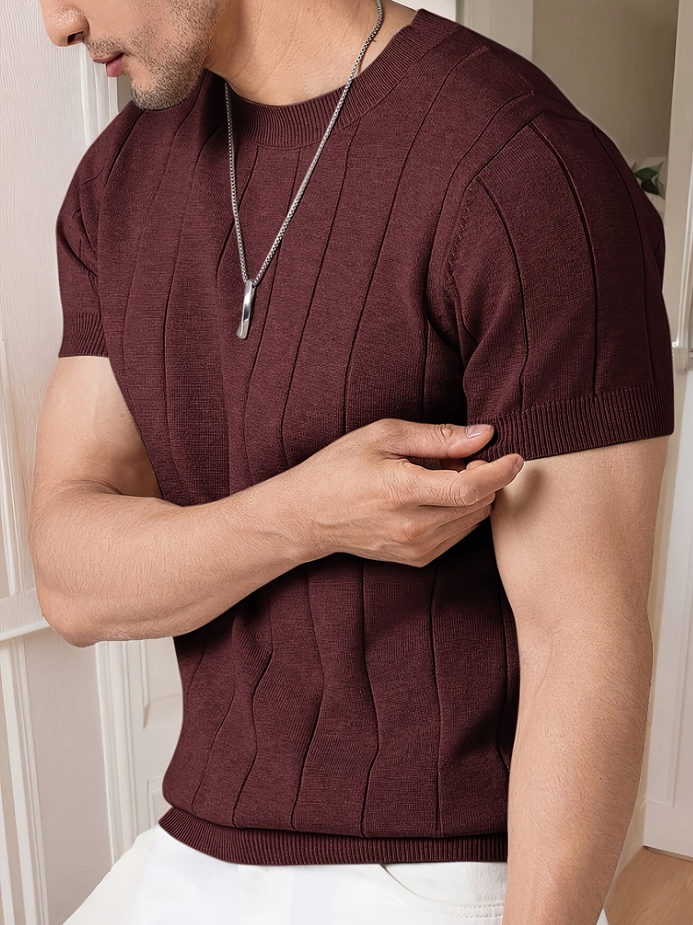 Men's Slim Fit Striped Textured Knit Crew Neck T-Shirt - High Elasticity Short Sleeve Casual Top for Spring/Autumn, Breathable Daily Leisurewear, Spring Fashion, Classic Style, Durable Construction, Pullover Shirt, Stylish Me