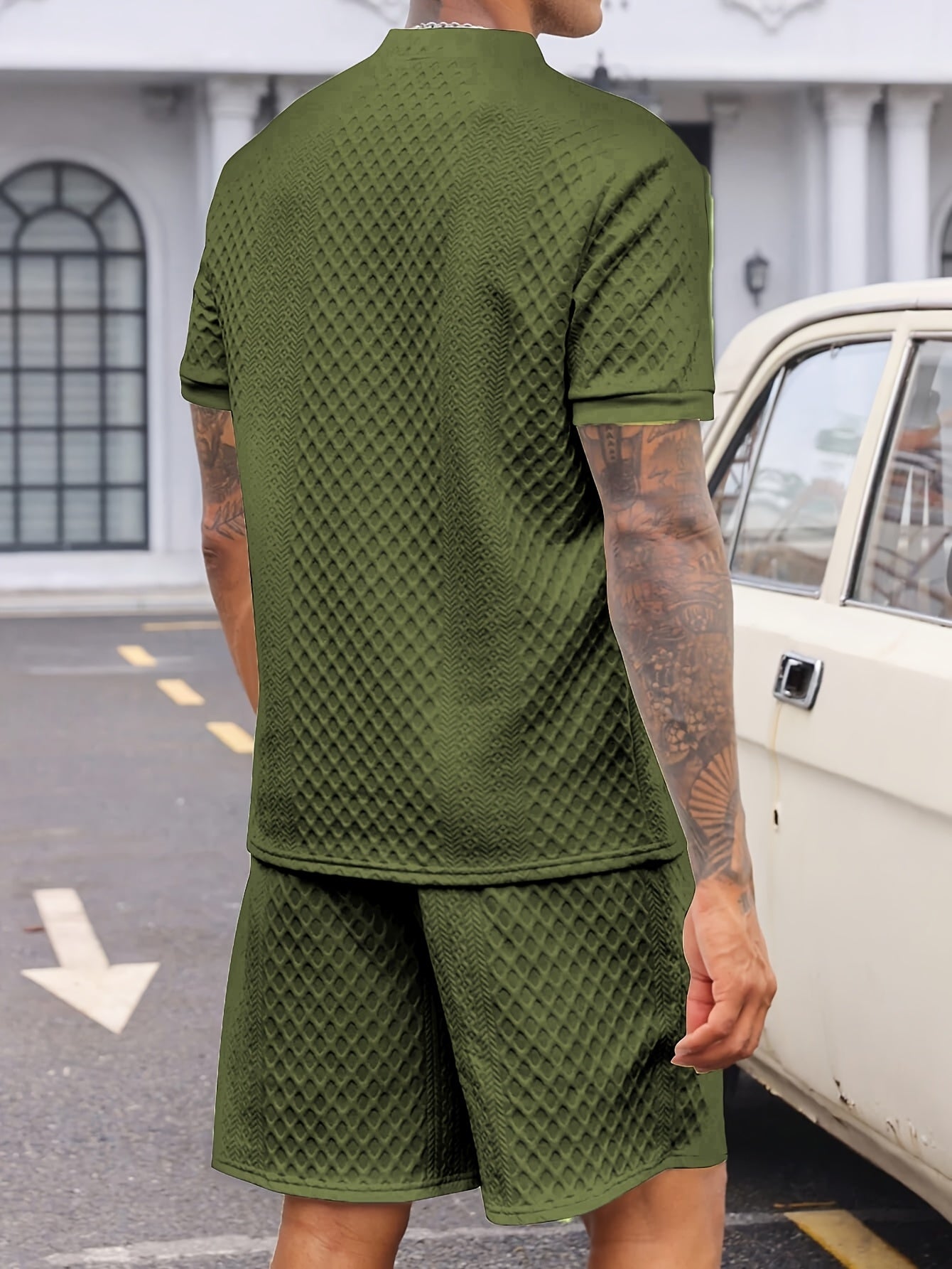 Two-Piece Set, Men'S Summer Outfit, Jacquard Set, Round Neck Short Sleeve, Drawstring Shorts, High Weight Fabric, Casual Ensemble.