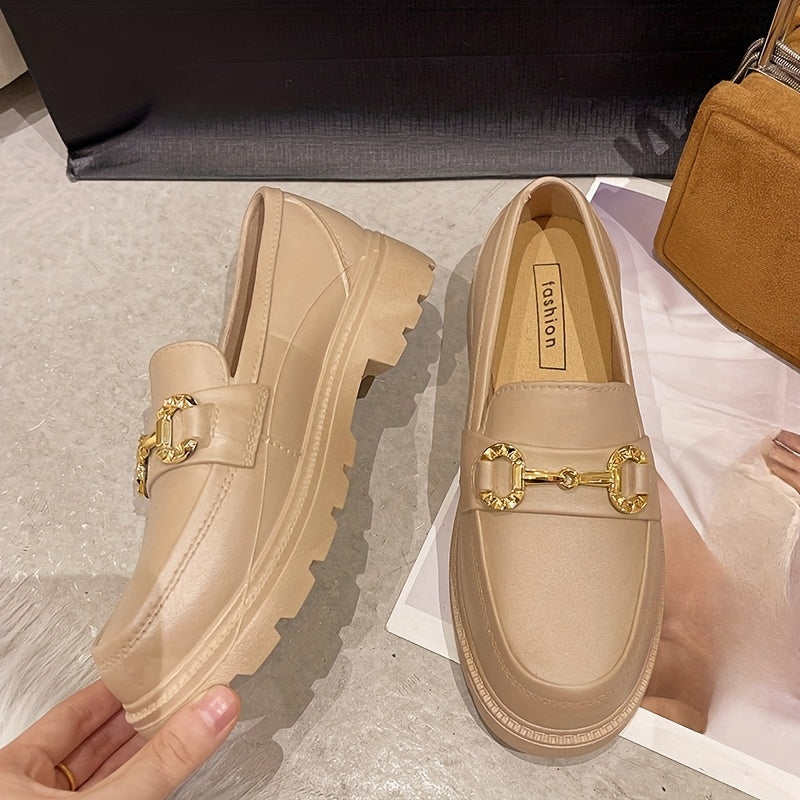 Women's Summer Fashion Loafers - Slip-On Platform Shoes with Metallic Buckle Decor, Round Toe, Cream/Black/Brown, Thick Sole TPU Material for Casual Outdoor Wear