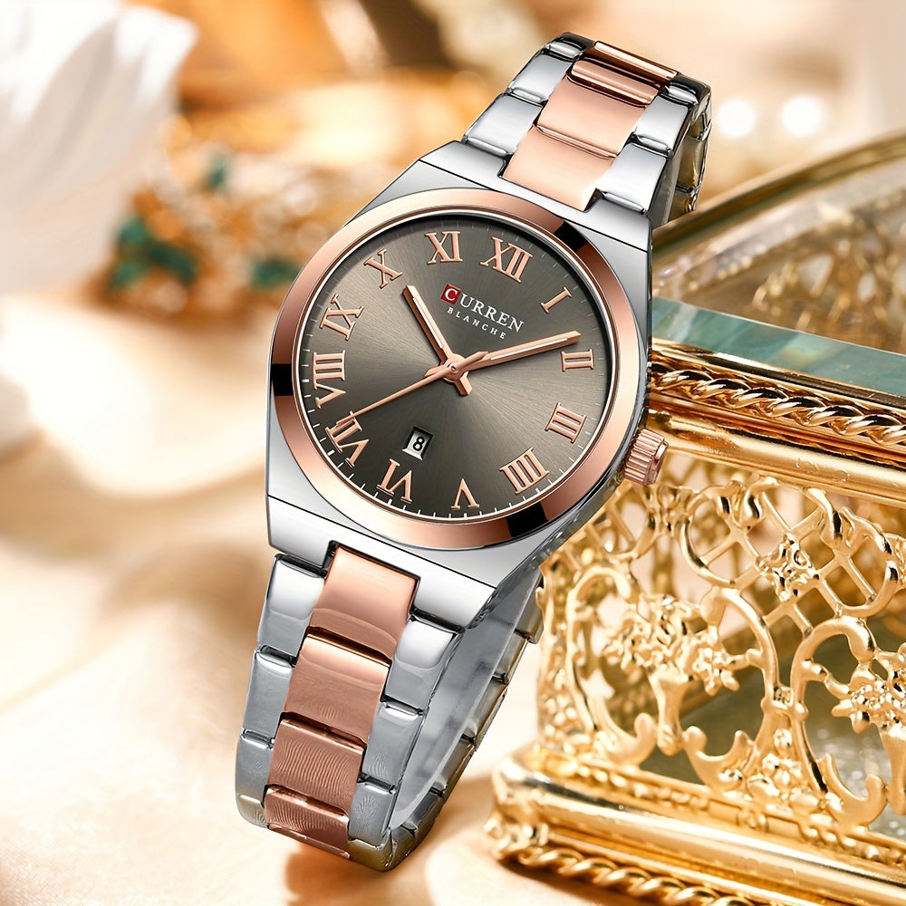 Fashionable Brand Of CURREN Ladies' Watches With A Casual And Simple Stainless Steel Strap, Featuring A Calendar And Quartz Movement.