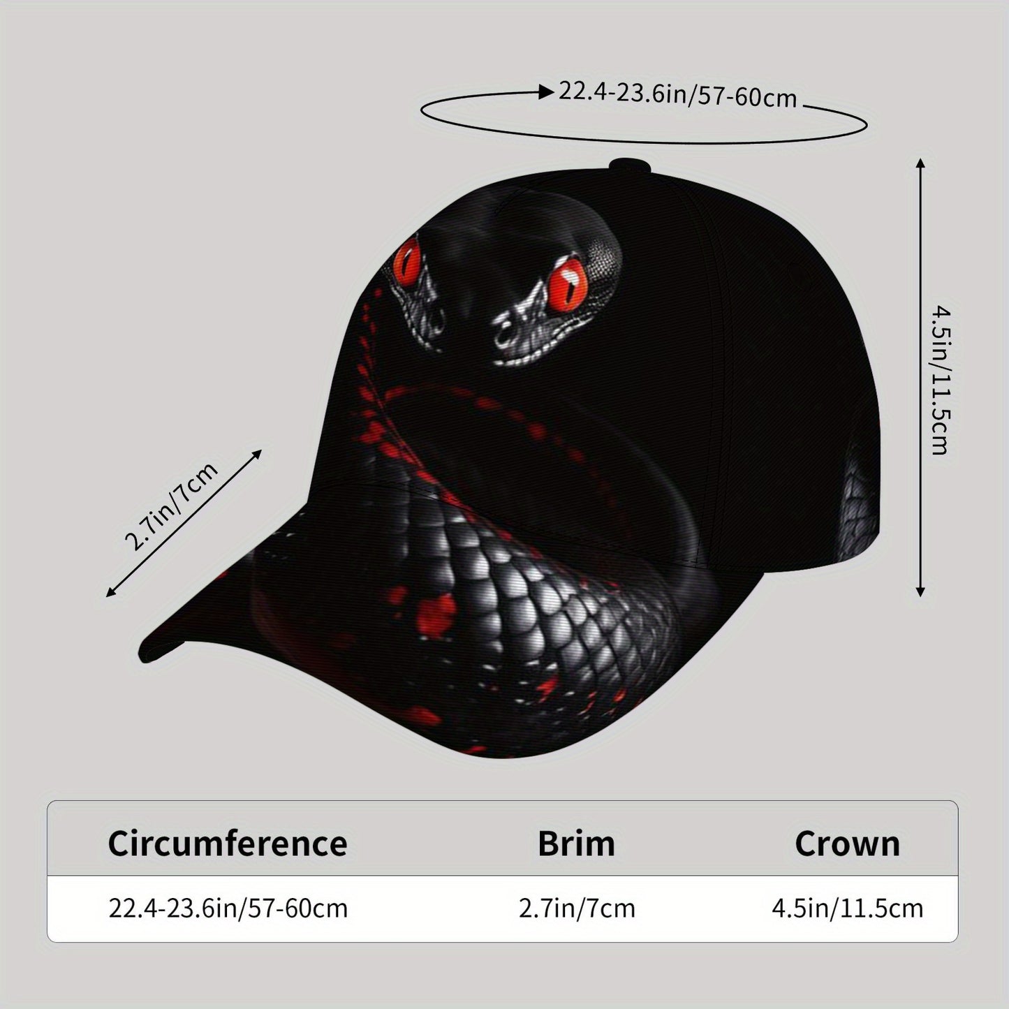 CUTEHSJ Men's Punk Rock Baseball Cap - Lightweight Adjustable Sun Hat with Red Snake Graphic, Black & Red Contrast Design for Beach, Fishing, Outdoor Activities & Vacation, Stylish Headgear