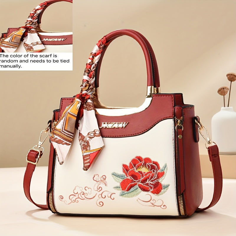 Stylish Women's Large Capacity Handbag with Floral Embroidery, Color-Block Design & Golden-Tone Hardware - Navy/Green/Wine Red, Polyester Lining, Secure Zipper Closure, Durable Commuter Tote for Work, Travel, Gift