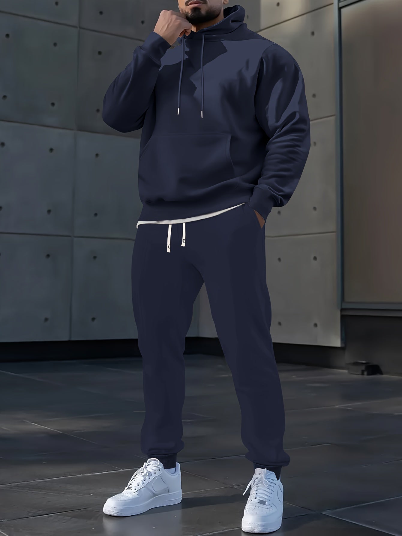 Men's Long Sleeve Hooded Sweatshirt + Threaded Sweatpants Set Spring and Autumn Solid Color Pullover Regular Long Sleeve T-shirt and Pants Belt Drawstring Casual Sports Trousers Two-piece Set