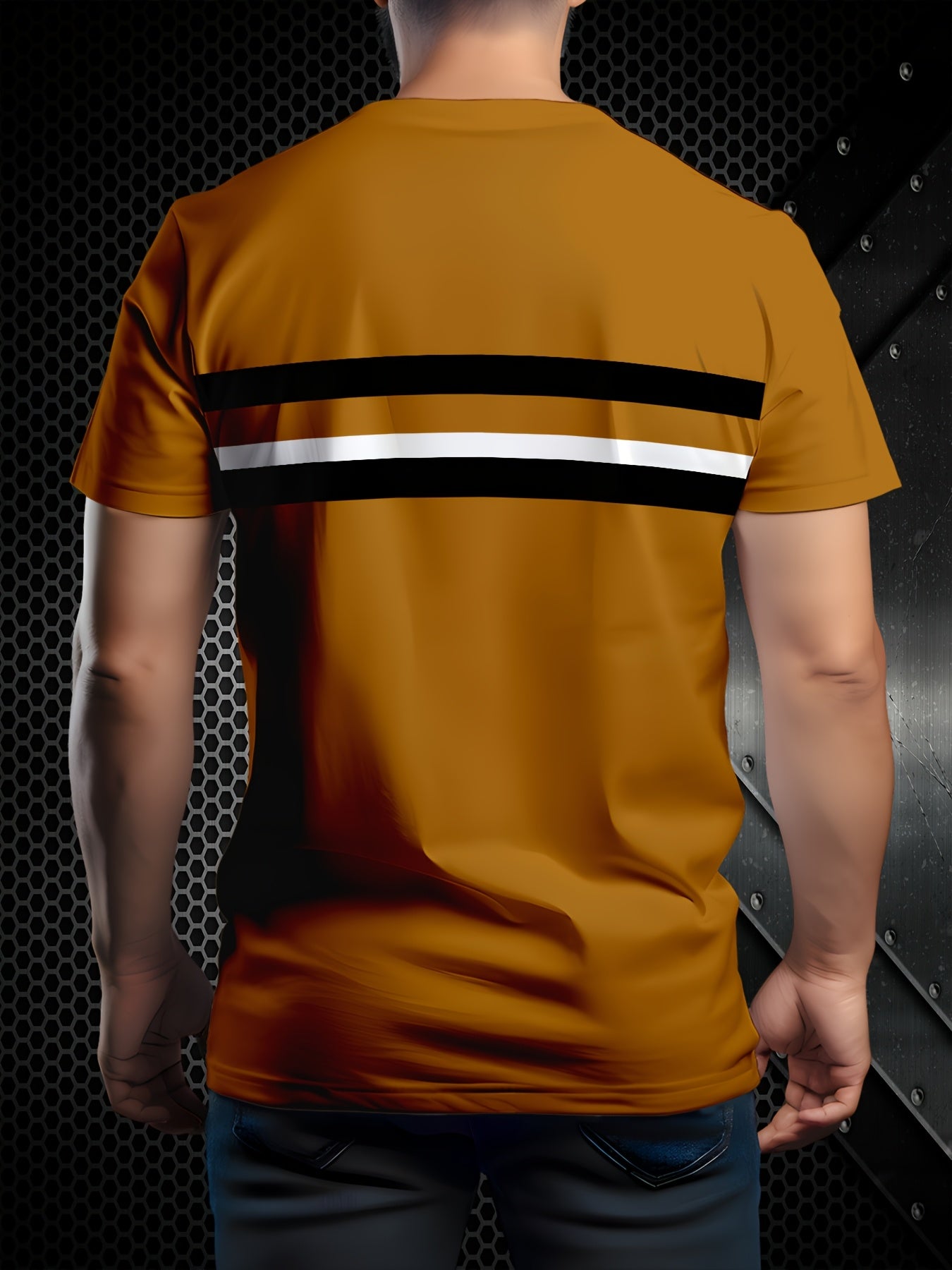 Men'S Casual Crew Neck T-Shirt - 100% Polyester Knit Fabric, Slight Stretch, Solid Color, Regular Fit, 3D Stripe Design