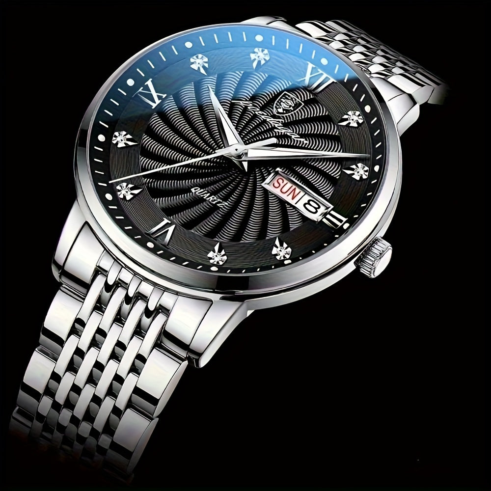 POEDAGAR Men's Luxury Retro Calendar Watch with Blue Dial, Date & Day Display, Quartz Movement, Stainless Steel Band - Perfect Gift for Students & Professionals, Student Wristwatch | Retro Wristwatch | Decorative Dial